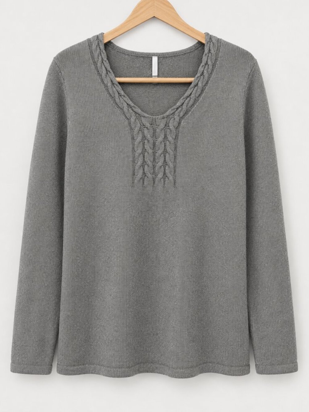 Cotton XL Cable Knit V-Neck Heather Gray Sweater Pullover Boho Minimalist